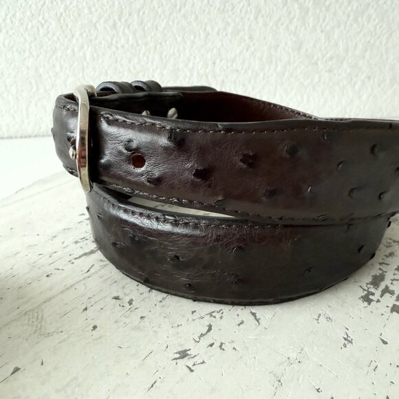 Rod Patrick Mens Full Quill Ostrich Leather Belt Dark Brown 1.25” Tapered Sz 34 - Picture 3 of 12